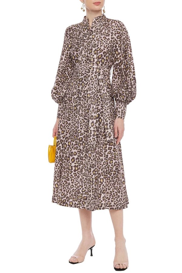 Gathered leopard-print silk midi dress