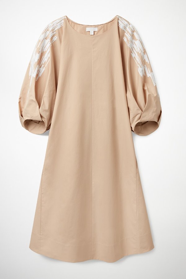 COS COS EMBROIDERED PUFF SLEEVE DRESS - Beige / White - Dresses