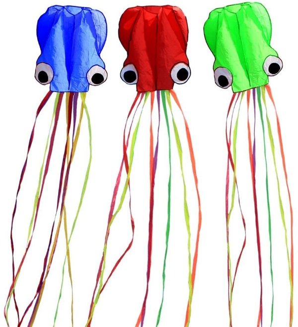 Pack 3 Colors Beautiful Large Easy Flyer Kite for Kids-Software Octopus-It's Big! 31 Inches Wide with Long Tail 157 Inches Long-Perfect for Beach or Park by