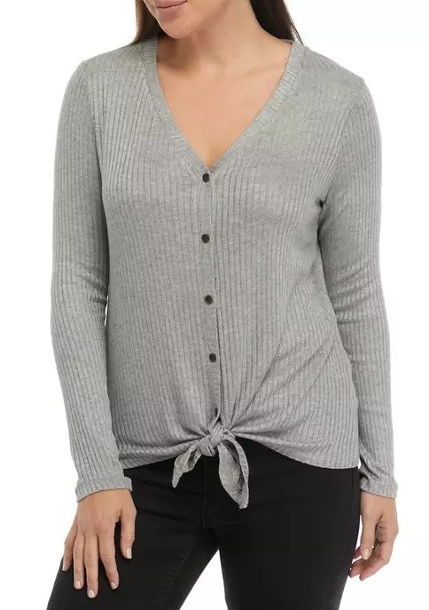 Long Sleeve Ribbed Tie Front Shirt
