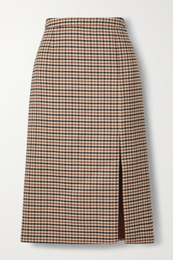 Checked wool-blend gabardine skirt
