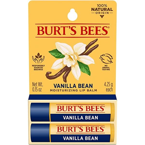 Burt's Bees 100% Natural Origin Moisturizing Lip Balm, Vanilla Bean, 2 Tube in Blister Box