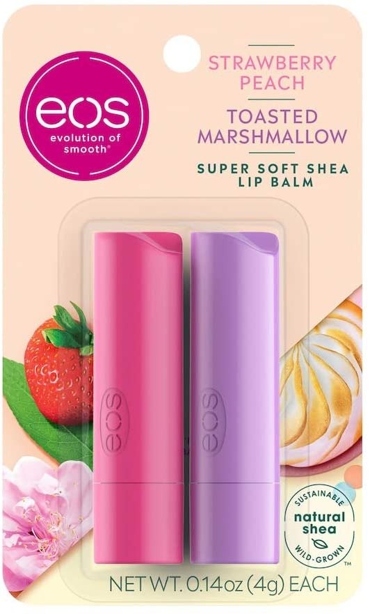 eos Super Soft Shea Stick Lip Balm - Strawberry Peach and Toasted Marshmallow |Deeply Hydrates and Seals in Moisture | Sustainably-Sourced Ingredients |2 Count of 0.14 oz Each, 0.28 oz