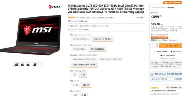 MSI GL Series GL73 9SD-409 17.3" 60 Hz Intel Core i7 9th Gen 9750H (2.60 GHz) NVIDIA GeForce GTX 1660 Ti 8 GB Memory 256 GB NVMe SSD Windows 10 Home 64-bit Gaming Laptop电脑