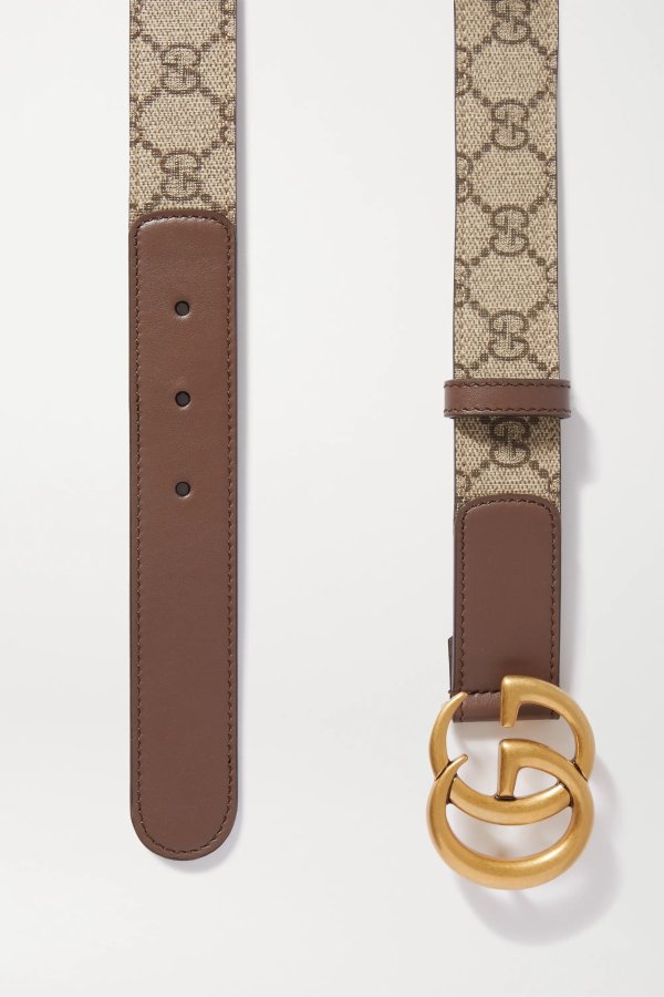 Leather-trimmed printed coated-canvas belt