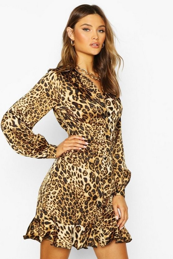 Leopard Print Ruffle Hem Shirt Dress | Boohoo