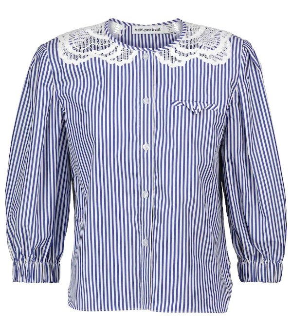 Lace-trimmed striped cotton blouse