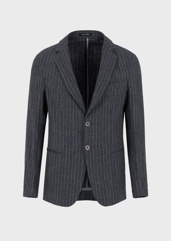 Pinstriped, Linen Tweed Single Breasted Jacket for Men | Emporio Armani