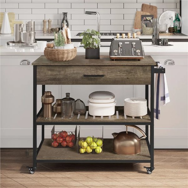 3-Tier Rolling Kitchen Island Microwave Cart with Storage, Taupe Wood
