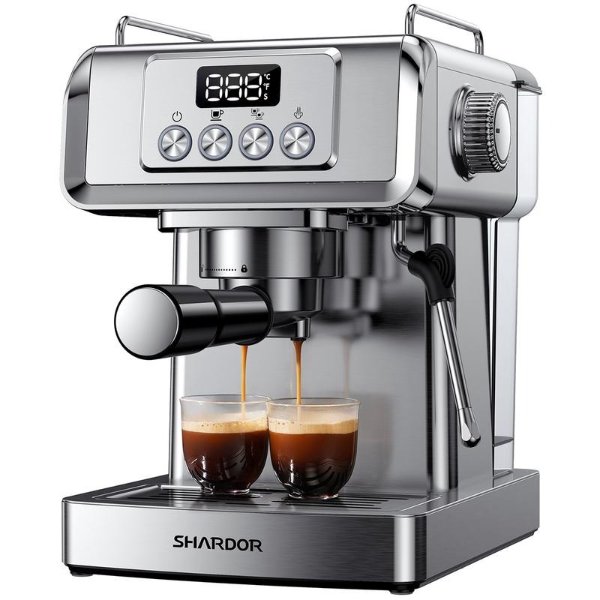 SHARDOR Espresso Machine, Fast Extraction 20 bar Expresso Coffee Machines with Milk Frother Steam Wand, Manual Latte & Cappuccino Maker for Home, 60 Oz Removable Water Tank, 1350W, Temperature Display, Stainless Steel