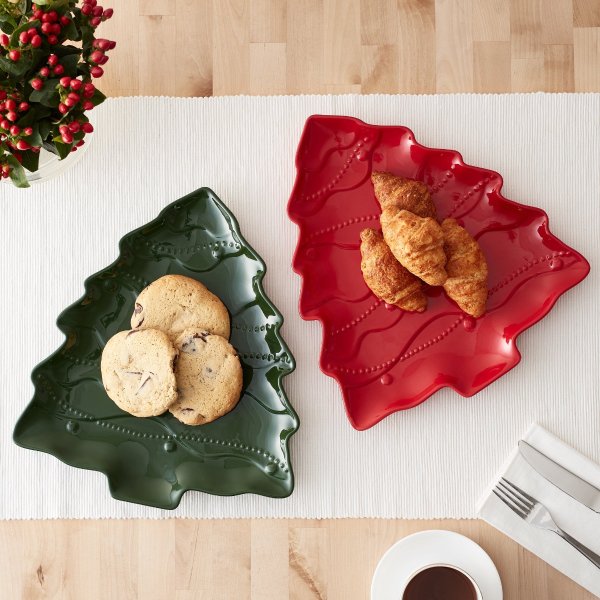 Green and Red Christmas Tree Serving Platters, Set of 2