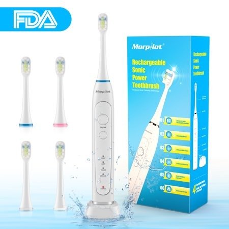 Electronic Toothbrush,Rechargeable Toothbrush Powerful Cleaning Whiten Teeth wih 2 Mins Timer, Fully Washable IPX7 Waterproof, 4 Modes with Gum Care,4 Toothbrush Heads,1 White Handle