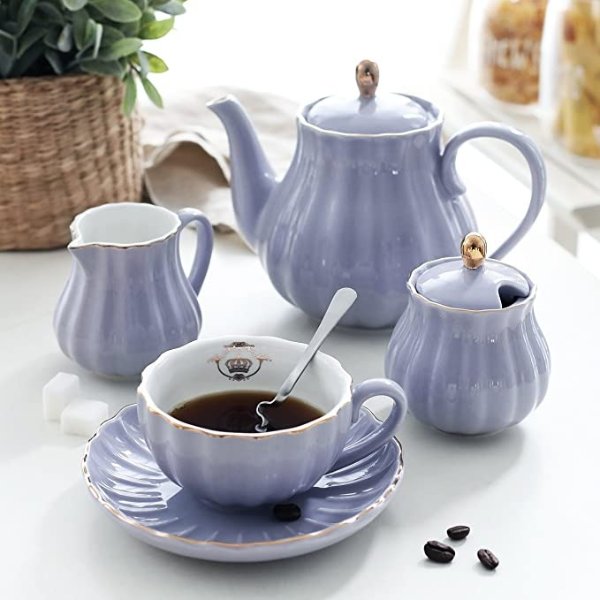 hualisi Porcelain Sets British Royal Series, 8 OZ Cups& Saucer Service for 6, with Teapot Sugar Bowl Cream Pitcher Teaspoons Strainer for Tea/Coff, 17.6 x 13.4 x 7.8 inches
