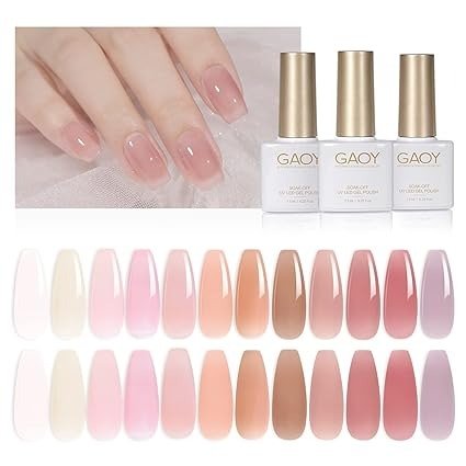 GAOY 15 Pcs Jelly Nude Gel Nail Polish Kit, Transparent Pink Colors Gel Polish Set with Glossy & Matte Top Coat and Base Coat for Nail Art DIY Manicure and Pedicure at Home