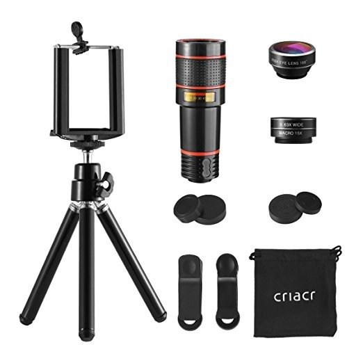 Criacr Phone Camera Lens, 12X Zoom Telephoto Lens + Fisheye Lens + 15X Macro Lens & 0.63X Wide Angle (Attached Together) + Phone Holder + Tripod, 3 in 1 Smartphone Cell Phone Lens for iPhone, Samsung