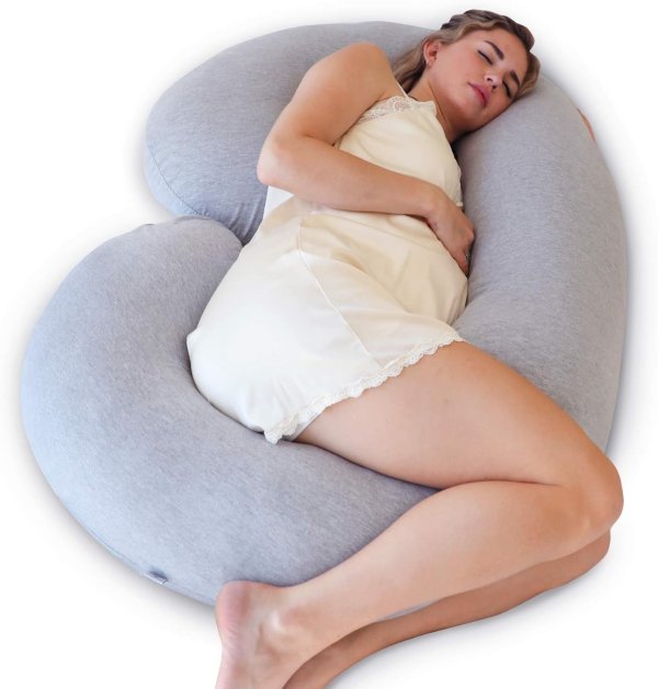 Pregnancy Pillow with Travel & Storage Bag, C Shaped Full Body Pillow with Grey Jersey Cover