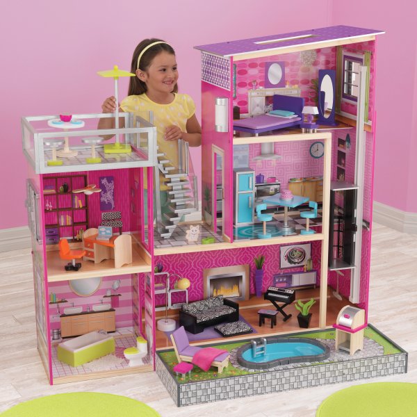 Uptown Wooden Dollhouse With 35 Pieces of Furniture