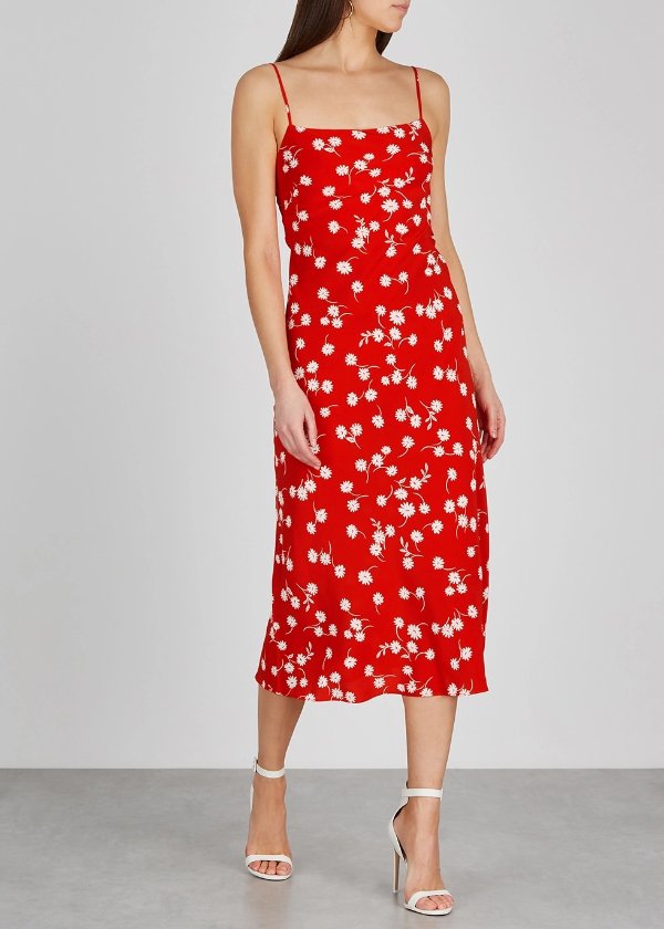 White Daisy red printed silk midi dress