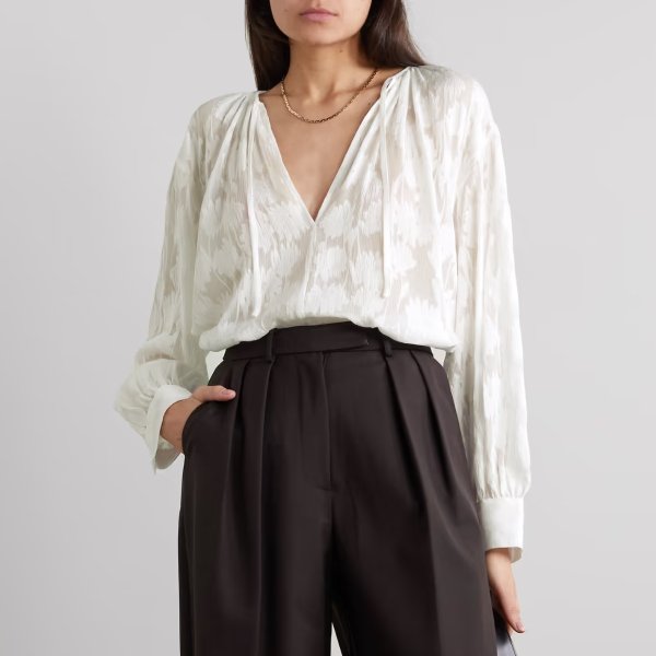 Shirred silk and cotton-blend jacquard blouse