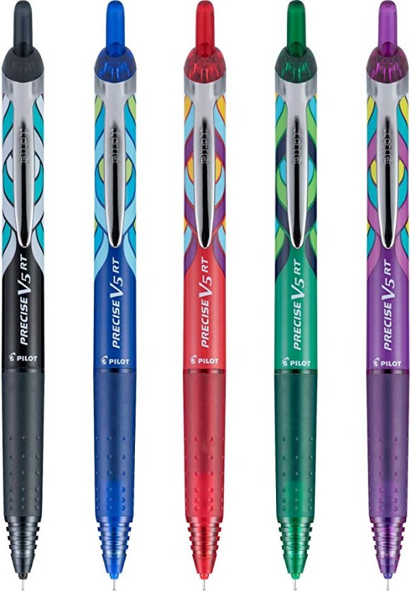 Precise V5 RT Deco Collection Refillable & Retractable Liquid Ink Rolling Ball Pens, Extra Fine Point, Black/Blue/Red/Green/Purple Inks, 5-Pack (41980)