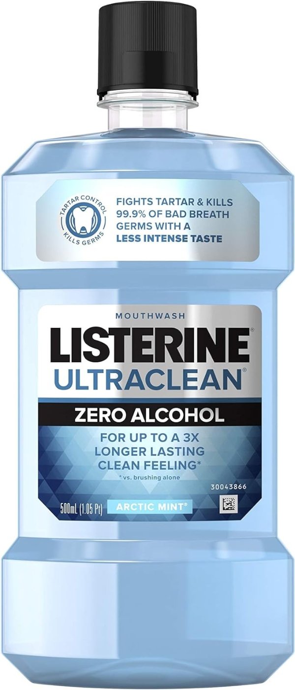 Ultraclean Zero Alcohol Tartar Control Mouthwash, Oral Rinse to Help Fight Bad Breath and Tartar, for Cleaner, Naturally White Teeth, Less Intense Arctic Mint Taste, 500 mL
