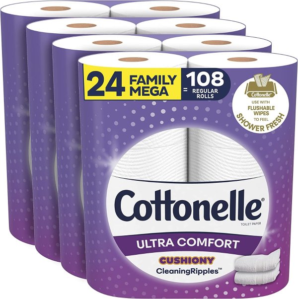 Ultra ComfortCare Soft Toilet Paper with Cushiony CleaningRipples, 24 Family Mega Rolls