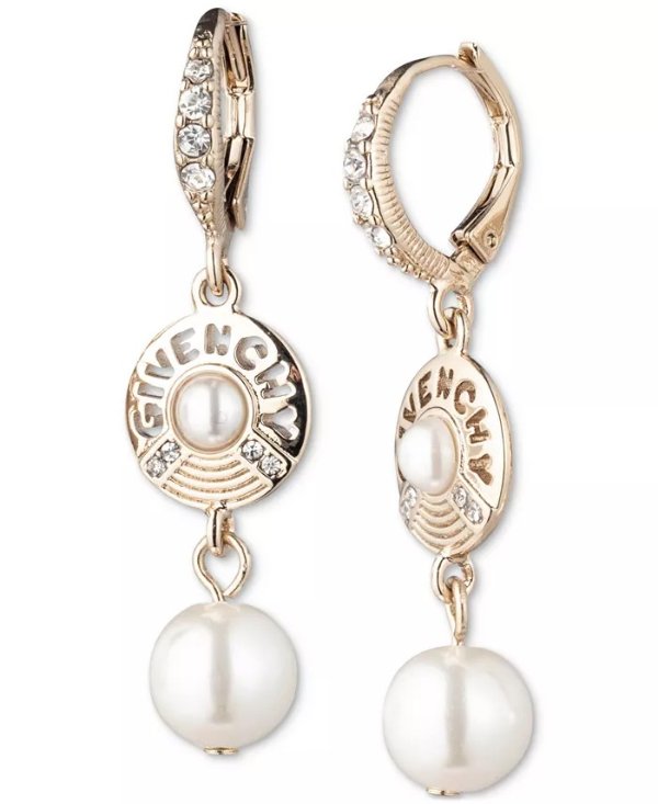 Gold-Tone Pave, Imitation Pearl & Logo Double Drop Earrings