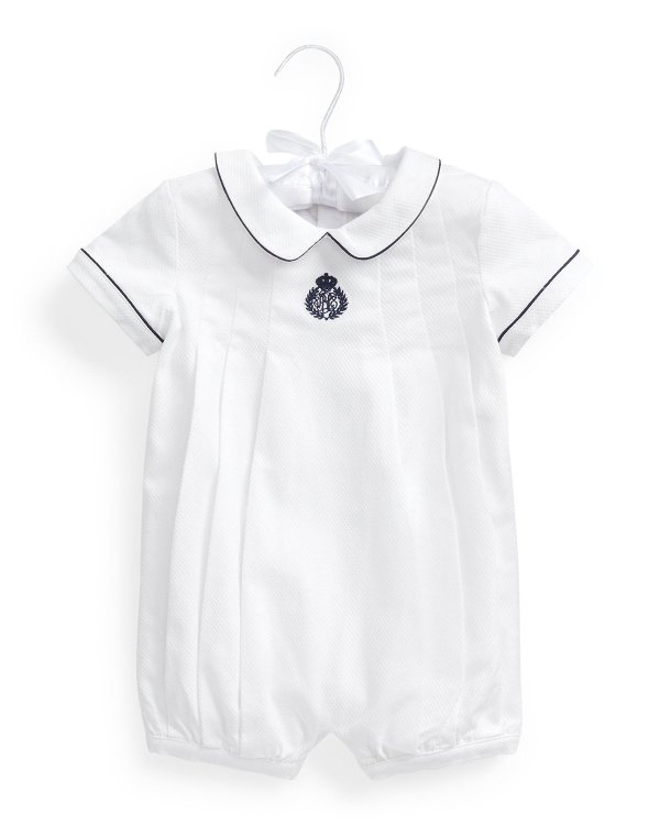 Boy's Crest Embroidered Pleated Playsuit, Size 6-24M