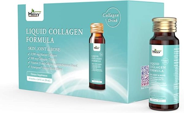 Liquid Collagen Supplement, Collagen Drink, Collagen Peptides, Hydrolyzed Type 2 Collagen,Glowing Skin Joint & Bone, Hydrolyzed Collagen,with Calcium,1.69 fl.oz./Bottle(1 Box,10 Bottles)