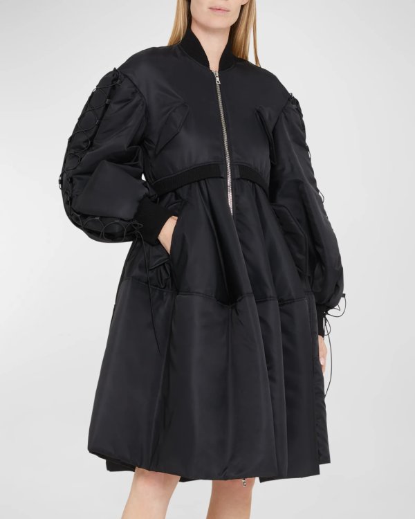 Puff-Sleeve Zip Front Bomber Coat with Lacing