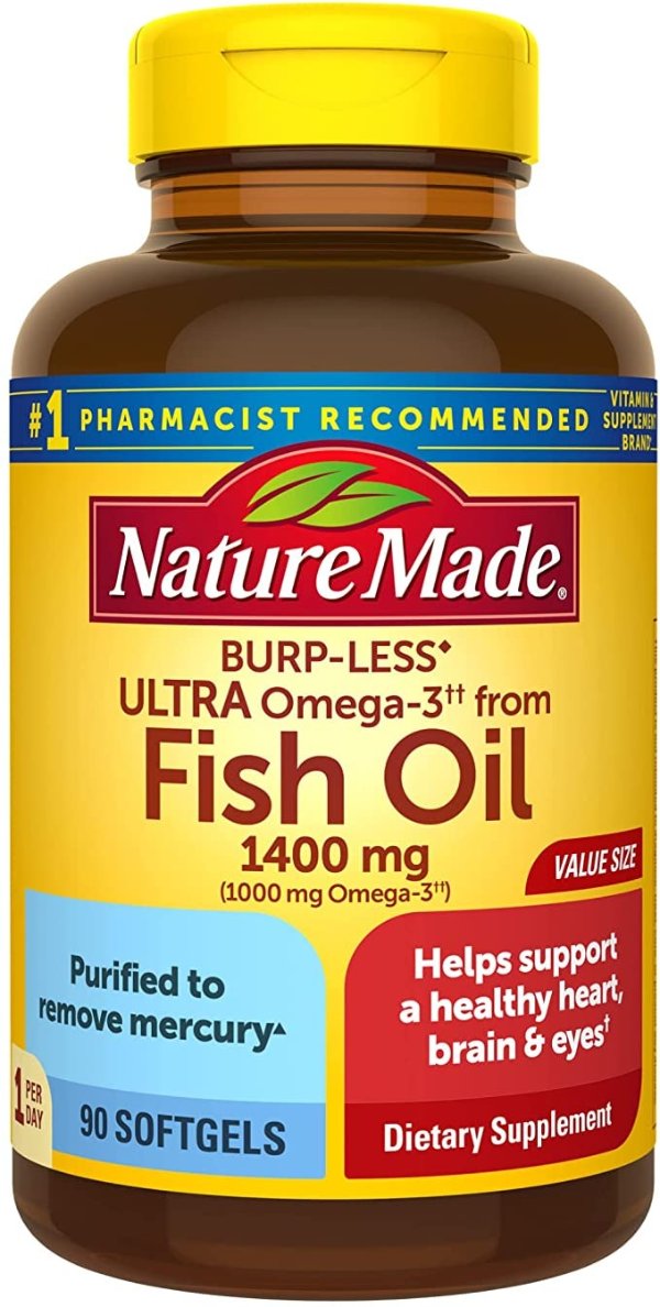 Burp-Less Ultra Omega-3 from Fish Oil 1400 mg, Dietary Supplement for Healthy Heart Support, 90 Softgels, 90 Day Supply