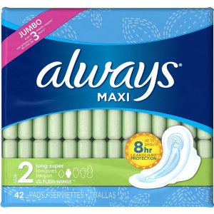 ALWAYS Maxi Size 2 Super Pads with Wings Unscented, 42 Count