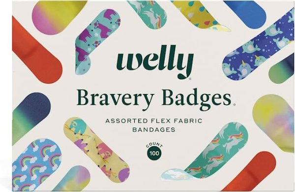 Welly Bravery Badge Box | Adhesive Flexible Fabric Bandages | Assorted Shapes and Patterns for Minor Cuts, Scrapes, and Wounds - 100 Count