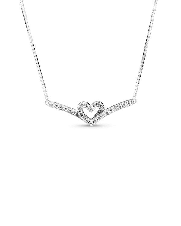 Timeless Silver CZ Heart & Wishbone Necklace