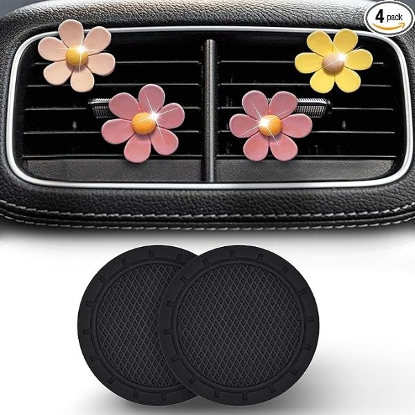 EcoNour Car Air Fresheners Vent Clips (4 Pcs) with Car Cup Coasters (2 Pack) | Flower Car Fresheners for Interior Decorations | Car Scents Air Freshener | Automotive Car Accessories for Women