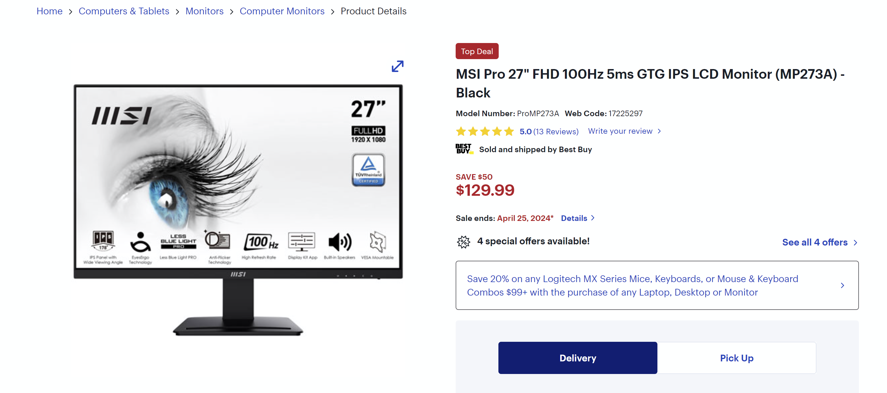 MSI Pro 27&quot; FHD 100Hz 5ms GTG IPS LCD Monitor (MP273A) - Black | Best Buy Canada