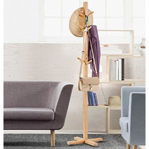 LANGRIA Bamboo Coat Rack Display Stand Hall Tree with 3 Tiers 12 Hooks and Levelling Feet Base for Clothes Scarves and Hats, Bamboo Natural Color