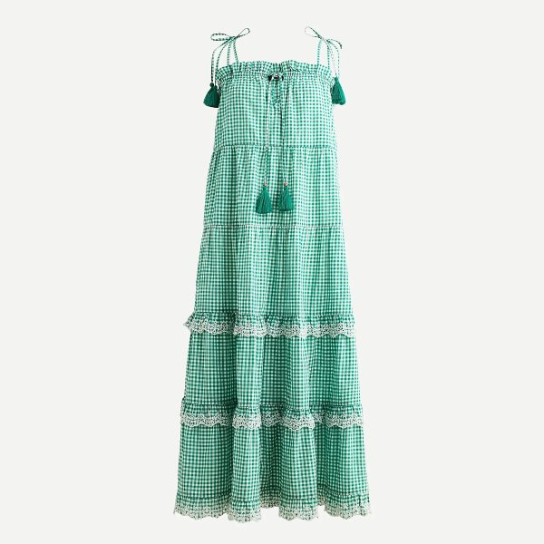 Scalloped tiered dress in textured gingham