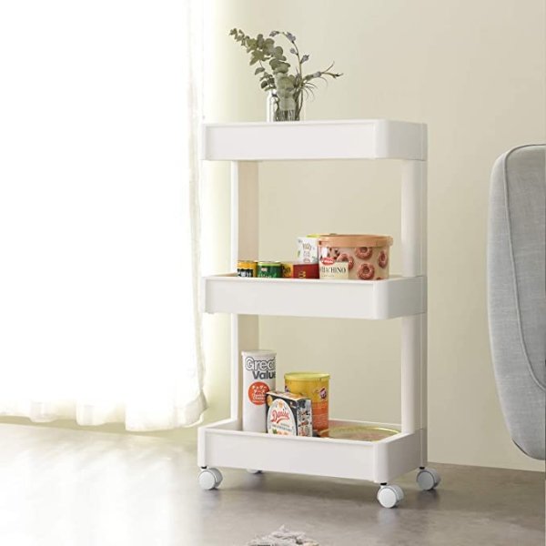 Rolling Storage Cart Organizer Shelf Utility Cart for Kitchen Bathroom Office (3-Tier, White)