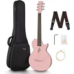 Nova Go Carbon Fiber Acoustic Guitar 1/2 Size Beginner Adult Travel Acustica Guitarra w/Starter Bundle Kit of Colorful Gift Packaging, Acoustic Guitar Strap, Gig Bag, Cleaning Cloth(Pink)