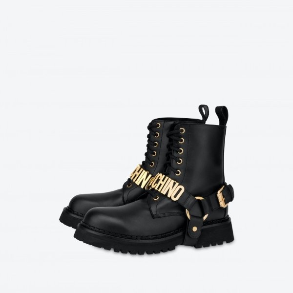 Metal Lettering calfskin Combat boot - Boots & Ankle Boots - Shoes - Women - Moschino | Moschino Official Online Shop
