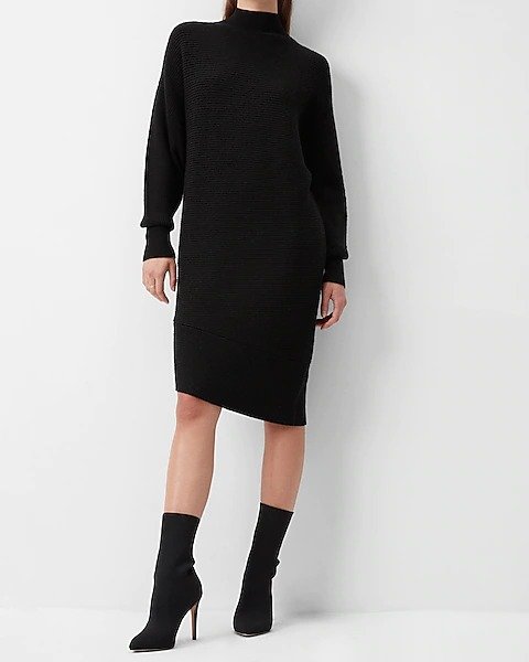 Turtleneck Asymmetrical Hem Midi Sweater Dress
