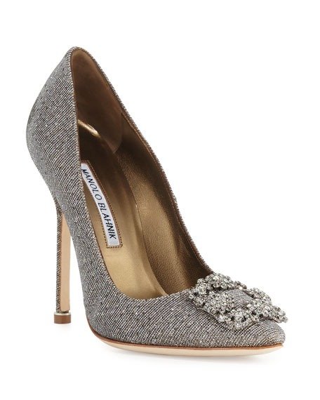 Hangisi Crystal-Buckle Shimmery 115mm Pumps, Gold