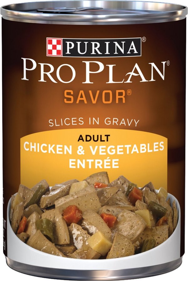 Pro Plan Savor Adult Chicken & Vegetables Entree Slices in Gravy Canned Dog Food, 13-oz, case of 12 - Chewy.com