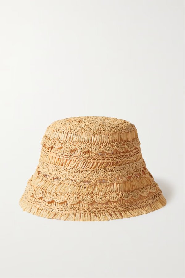 Postcard fringed crocheted straw bucket hat