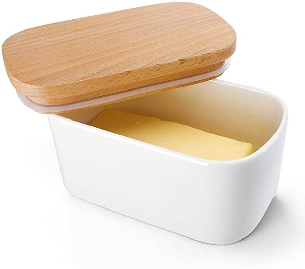 303.101 Large Butter Dish - Airtight Butter Keeper Holds Up to 2 Sticks of Butter - Porcelain Container with Beech Wooden Lid, White
