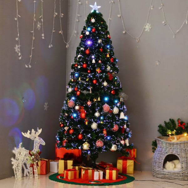 HomCom 6’ Indoor Pre-Lit Noble Fir Artificial Christmas Tree with 230 Tips, 24 Pre-Programmed Fiber Optic/LED Lights - Green, Christmas Trees | Aosom