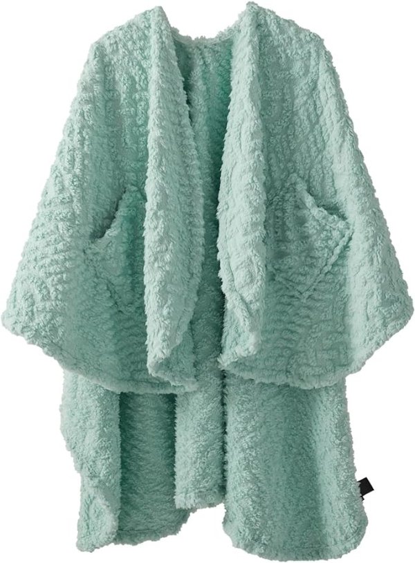 Fuzzy Sherpa Wearable Fleece Blanket with Pockets for Adults, Ultra Soft Plush Shawl TV Throw Blankets (Mint, 58'' x 64'')