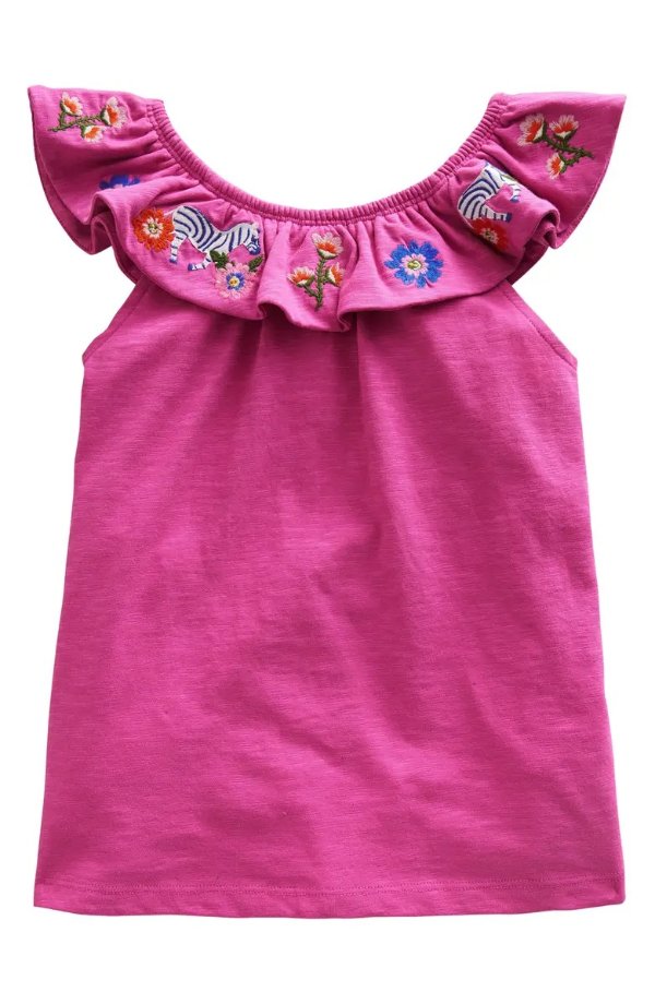 Kids' Embroidered Ruffle Shoulder Cotton Tank