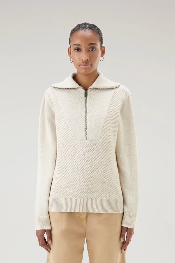 Half-Zip Sweater in Wool Blend Milky Cream